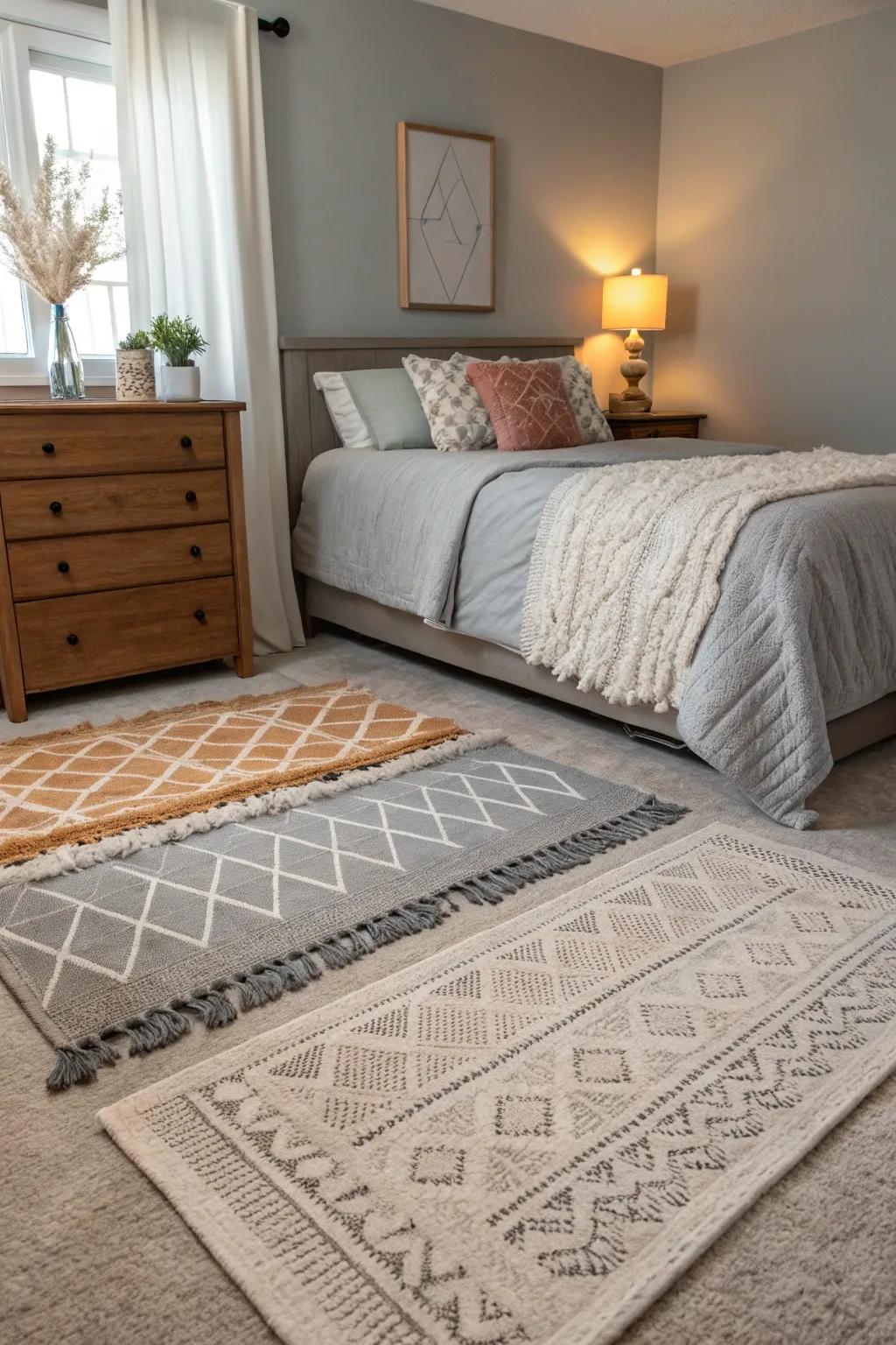 Layered rugs introduce both comfort and refinement within the gray bedroom.