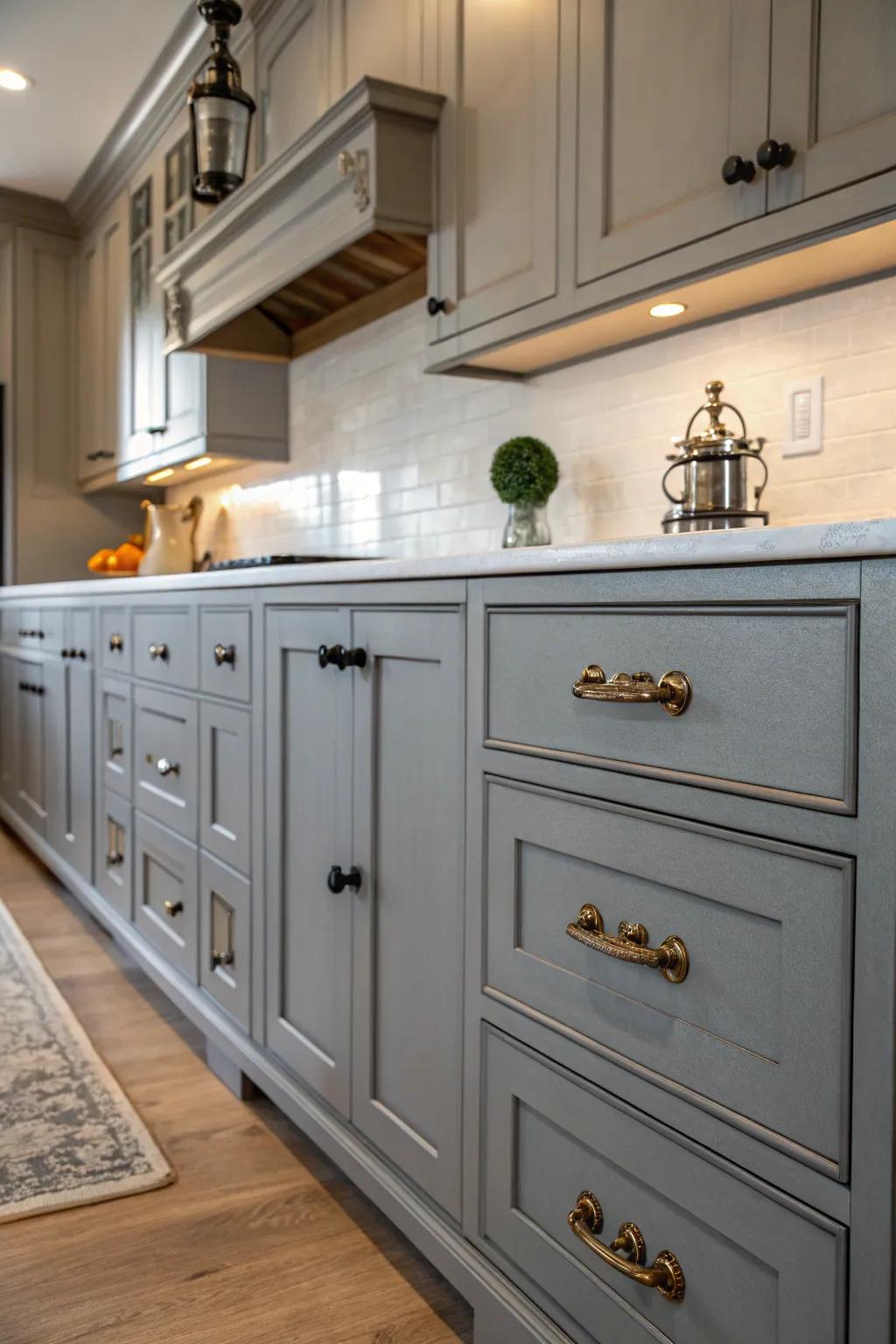 Nostalgic hardware lends a charming touch to gray kitchen cabinets.