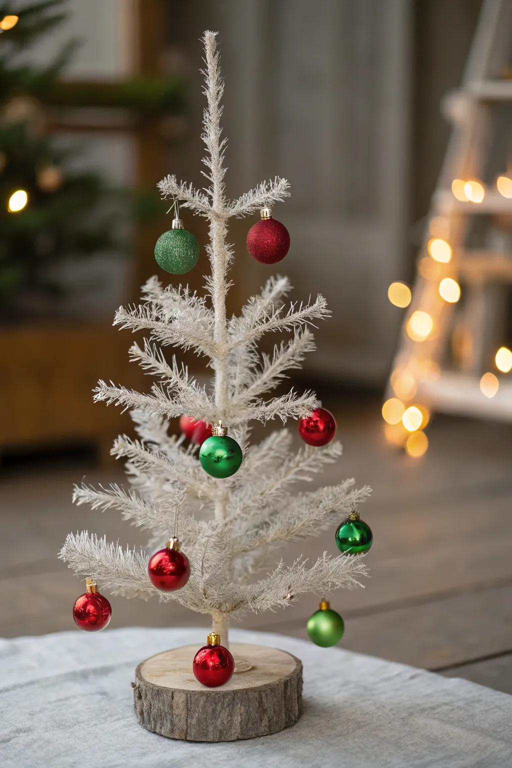 An elegantly simple Christmas tree with red and green decorations.