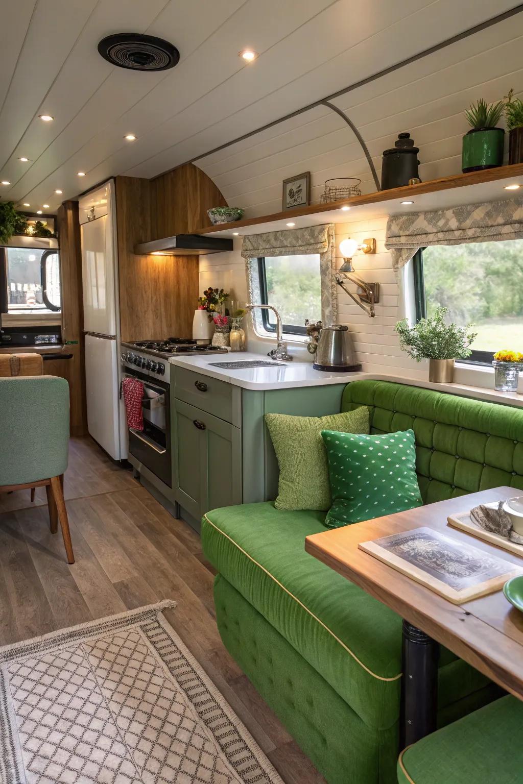 Green furnishings adding a cohesive sensation to the kitchen's concept.