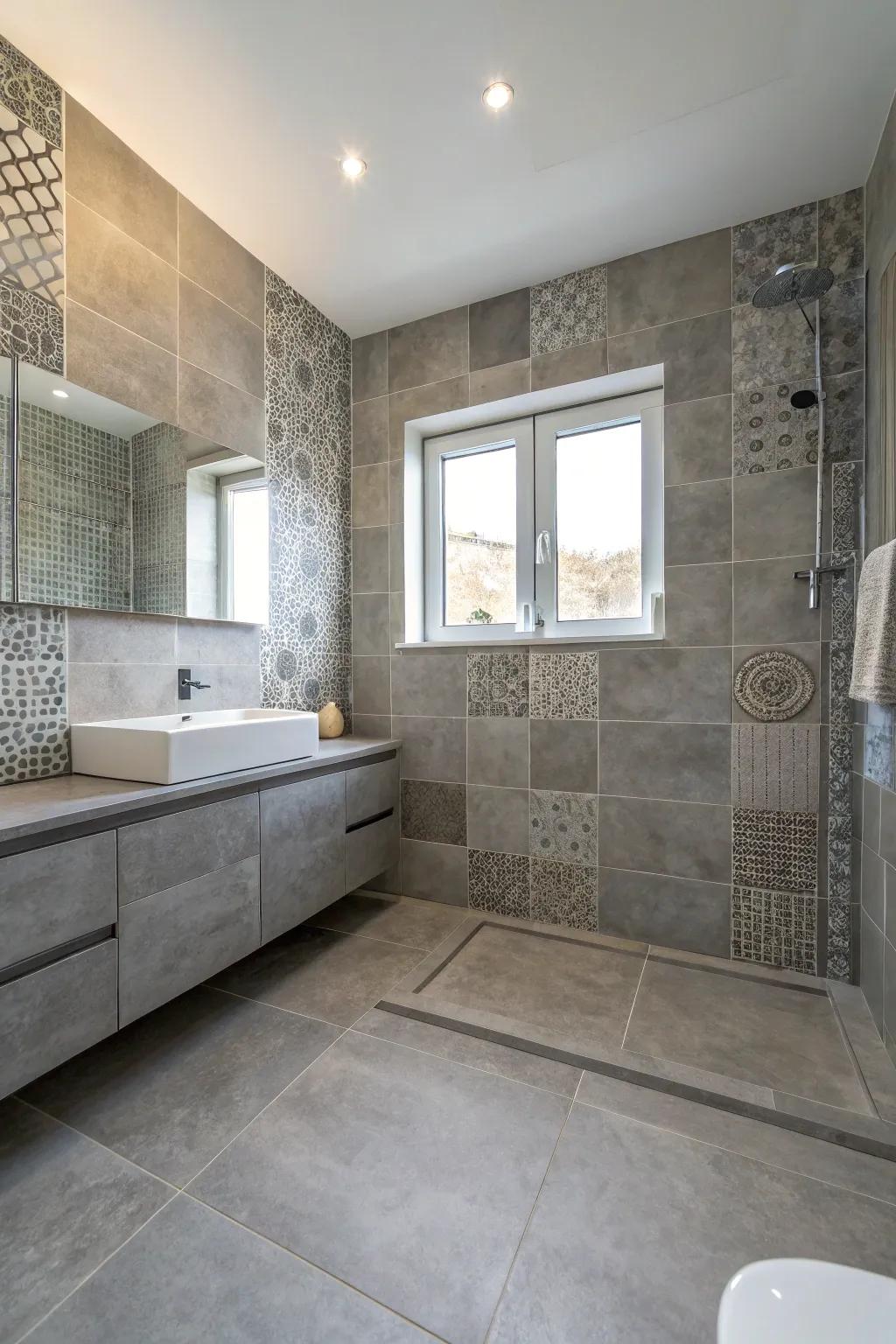 Grey panels in different textures and dimensions contribute depth to this contemporary bathroom.