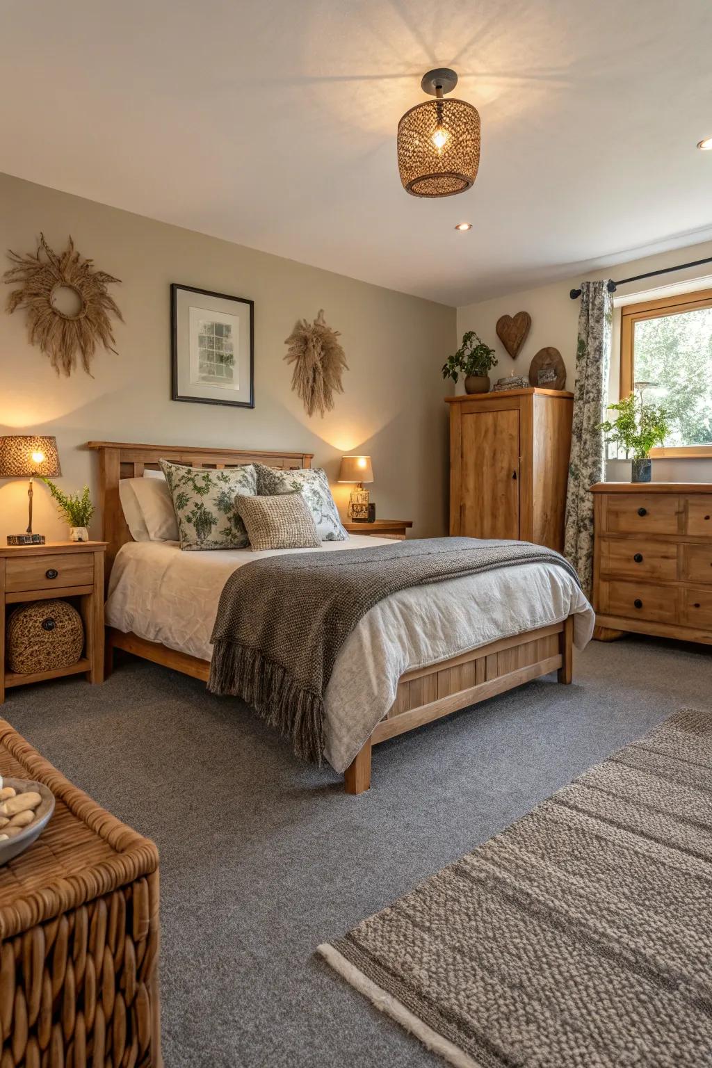 Earthy hues enhance the grey carpet, designing a balanced and soothing ambiance.