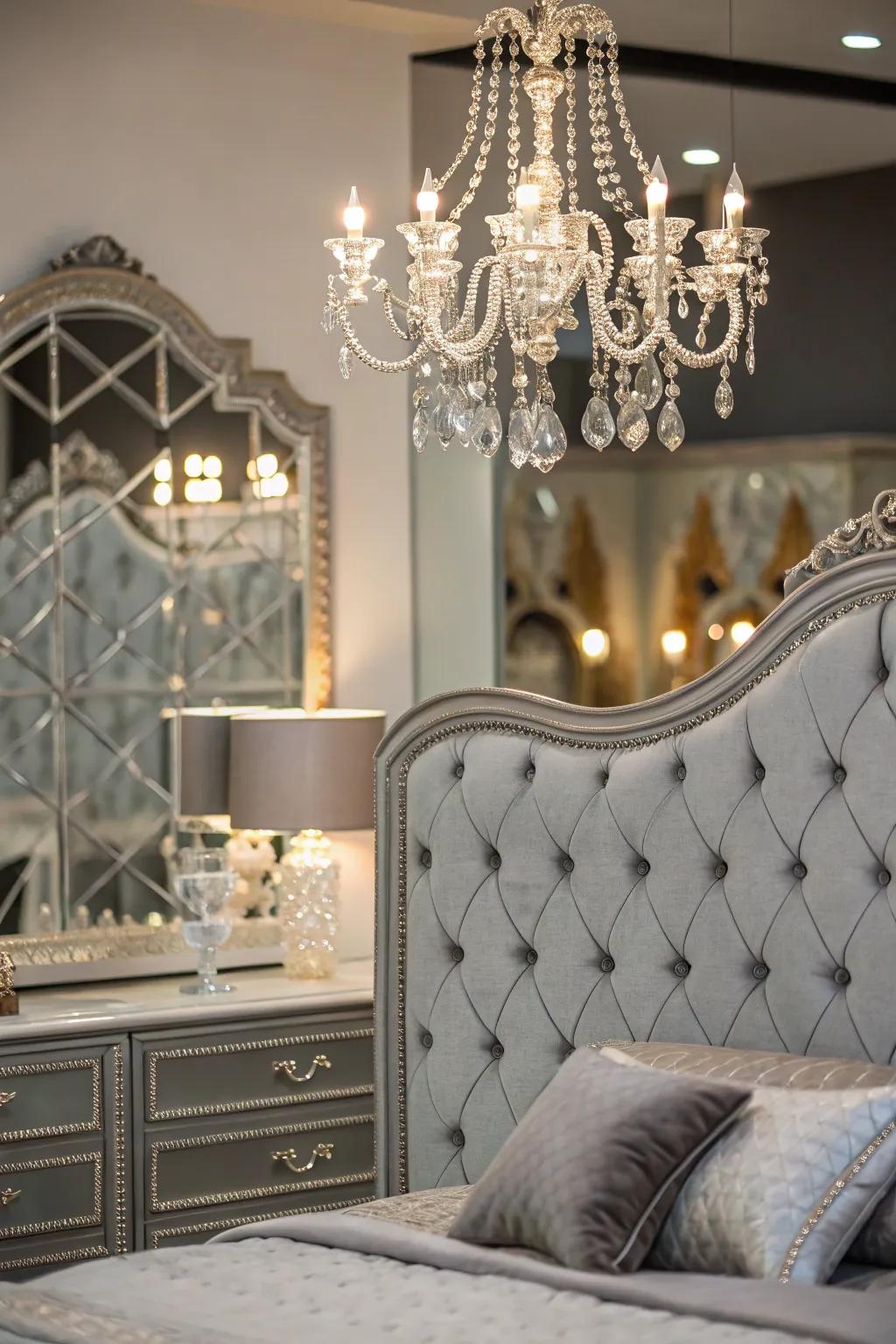 Glamorous decor elements elevate a bedroom with a grey headboard.