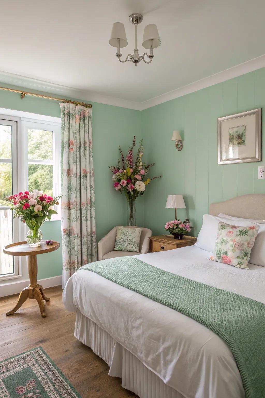 A guest room featuring light spring green for a refreshing feel.