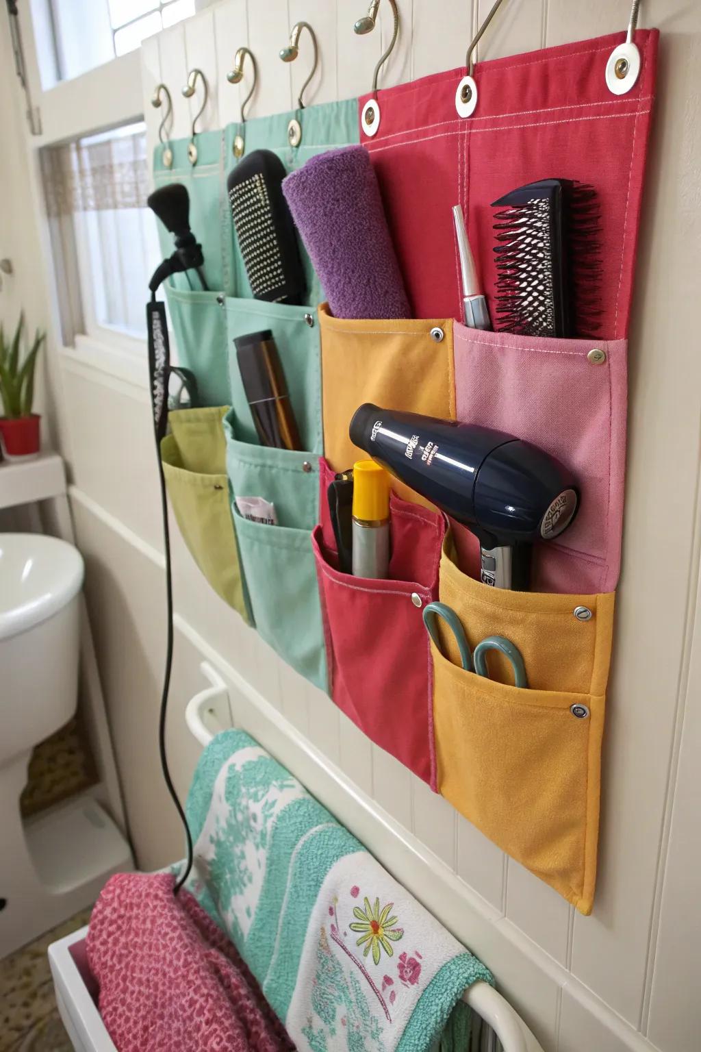 Stylish fabric wall pockets contribute color and effective storage.