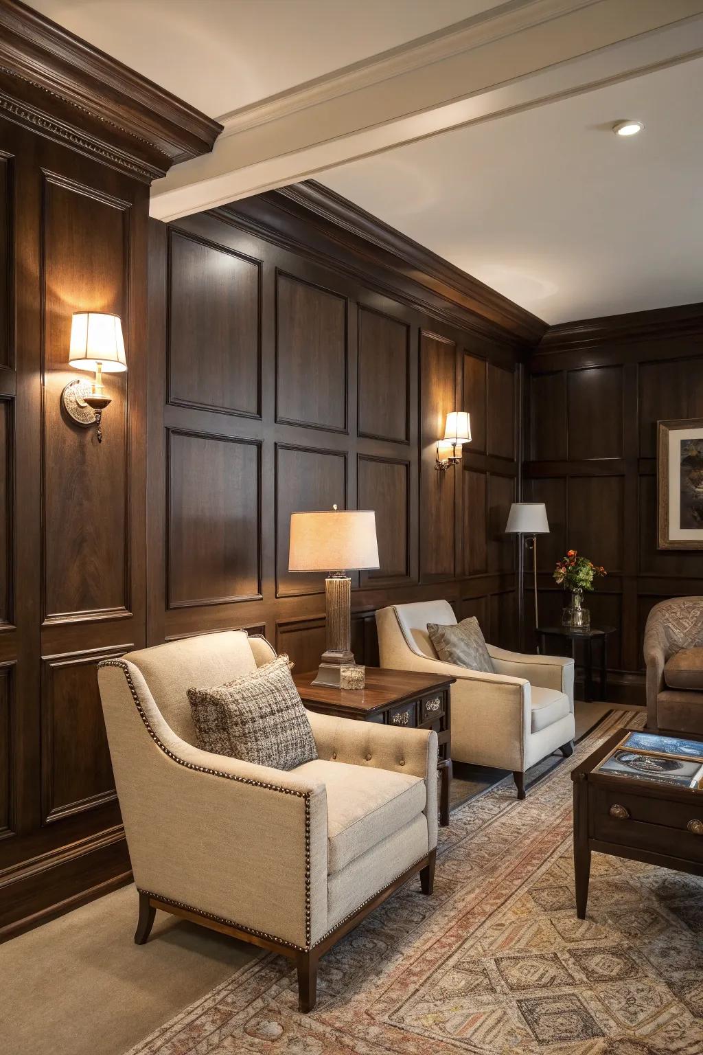 Create drama with shadowy wood paneling.