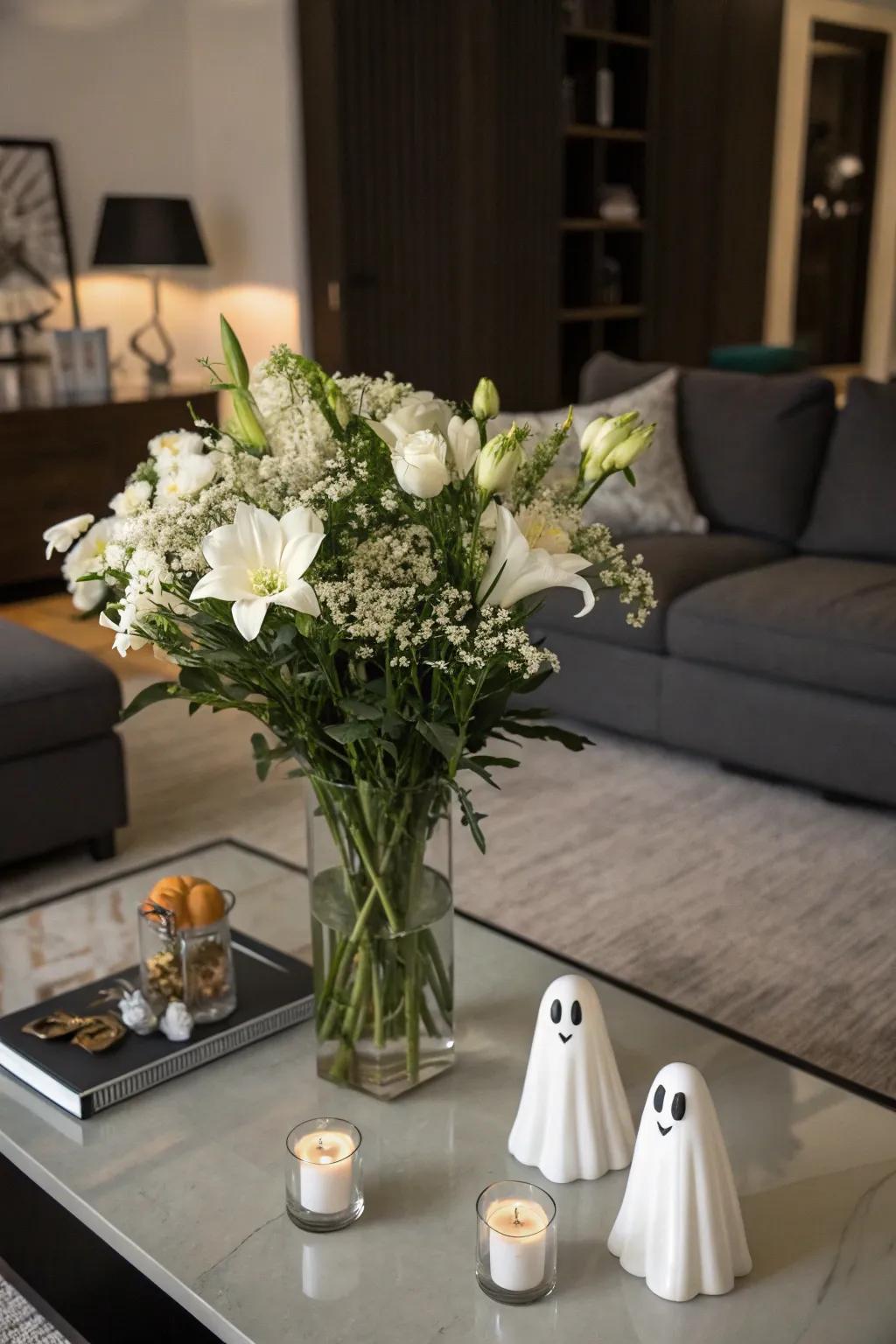 Phantom figures instill an ethereal attribute to this polished Halloween bouquet.