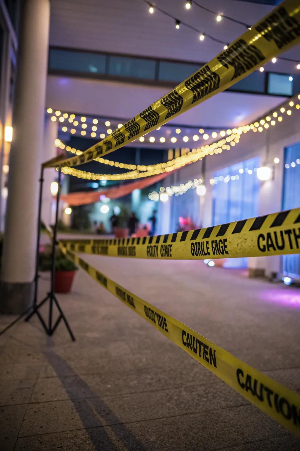 Hazard tape accentuated with ambient illumination for a spooky aesthetic.