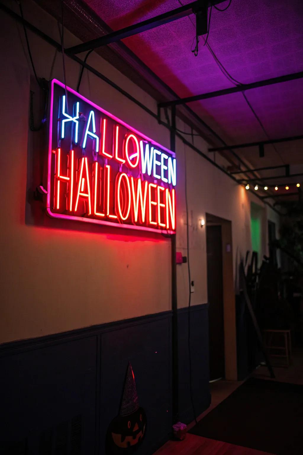 Neon signs bringing a lively glow to Halloween nights.