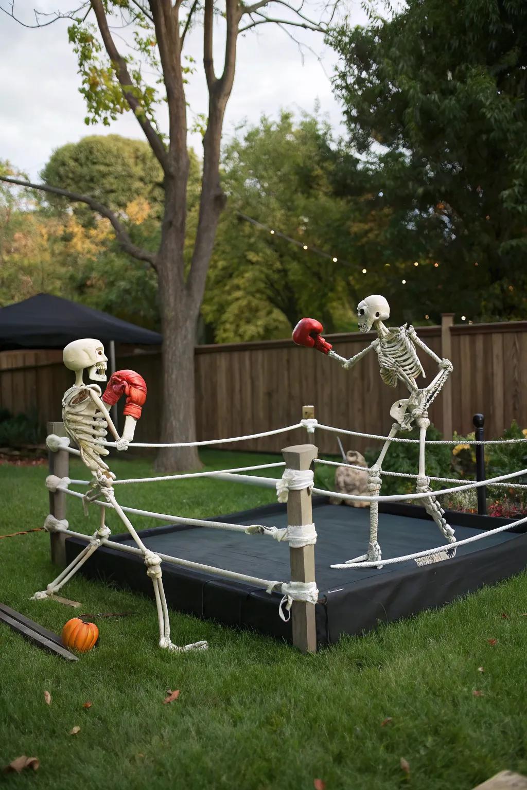 Boxing skeletal figures append exhilaration and vim to your Halloween décor.