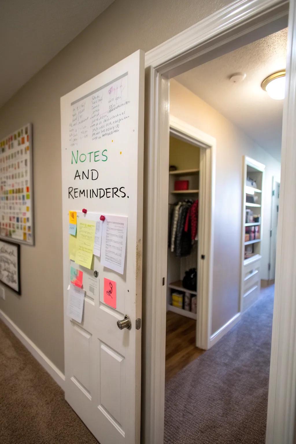 A notice board inside a hallway closet for personal notes and reminders.
