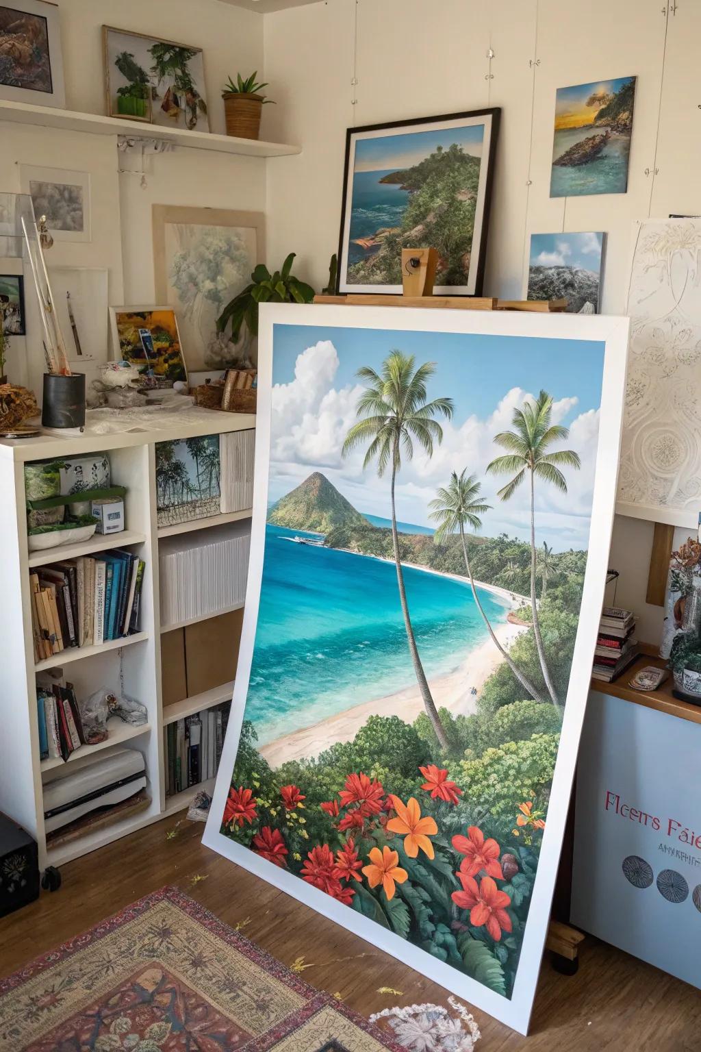 A surreal island dreamscape visual enhancing a creative space.