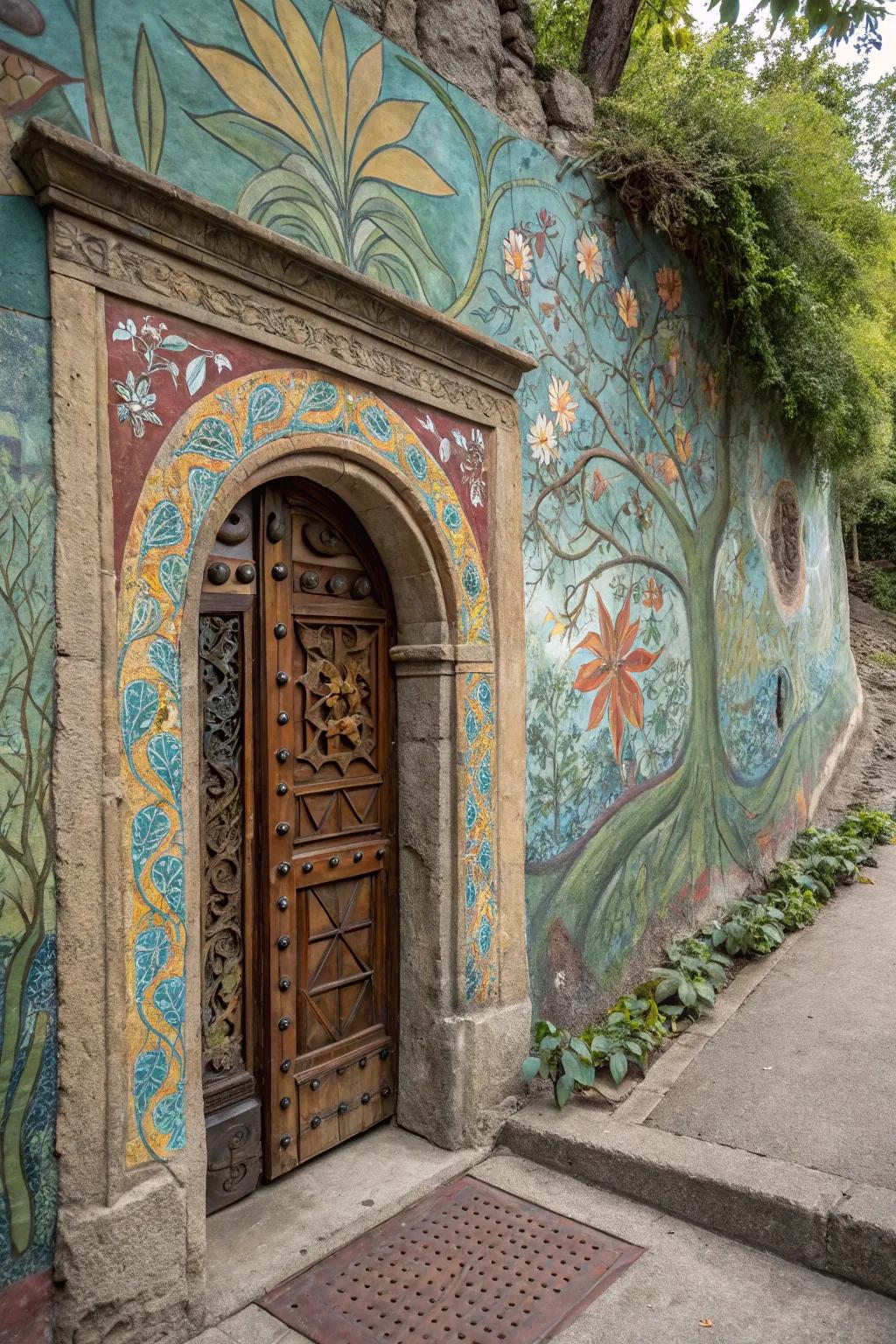 A mural transforms a door into artwork.