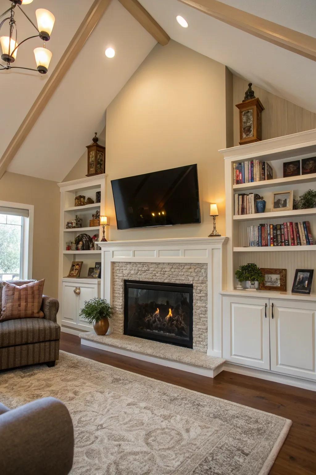 Merge design and functionality with intelligent features positioned above the fireplace.