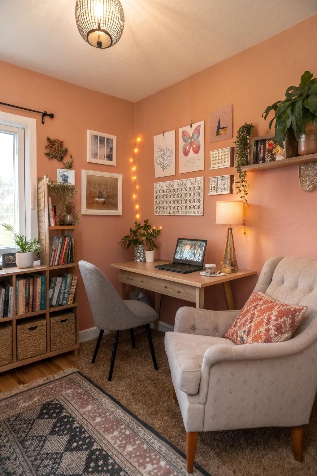 Pale orange partitions contribute comfort and harmony to this welcoming home office.