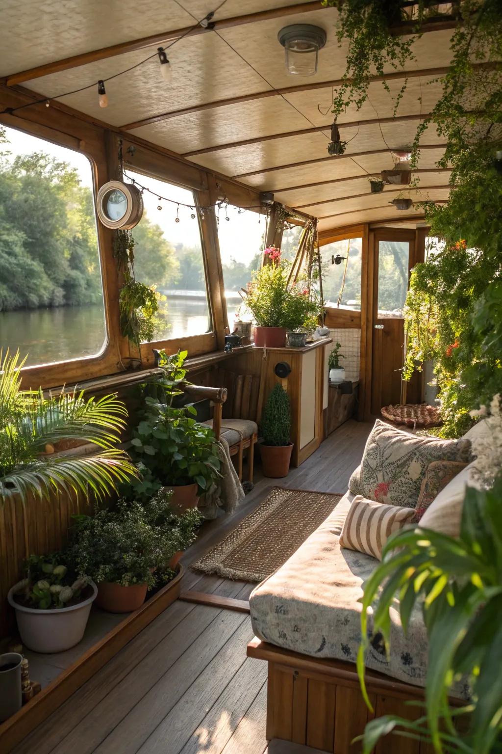 This houseboat's interior is given a refreshing touch by the greenery.