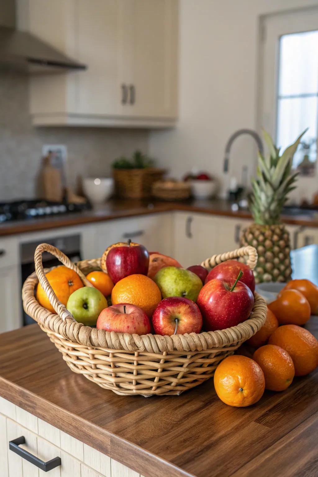 A seasonal fruit basket has a fresh and lively look to any new house.