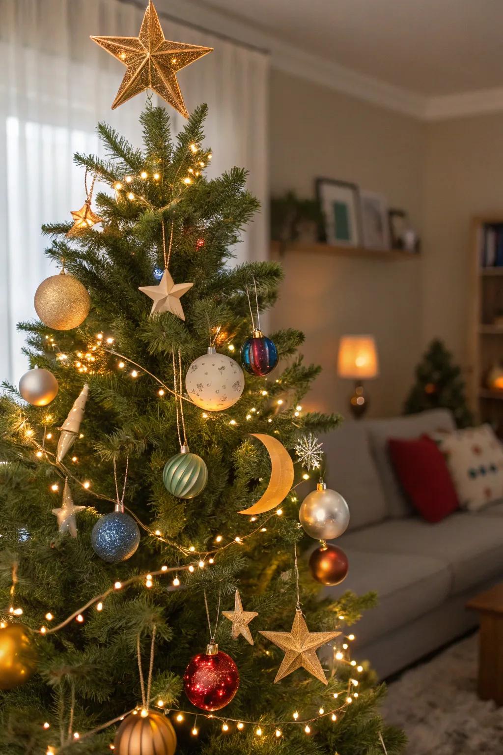 A starry night-themed Christmas tree decorated with celestial ornaments and twinkling lights.