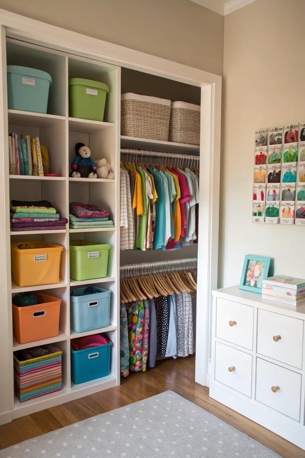 Closet organizers can double the storage space in kids’ rooms.