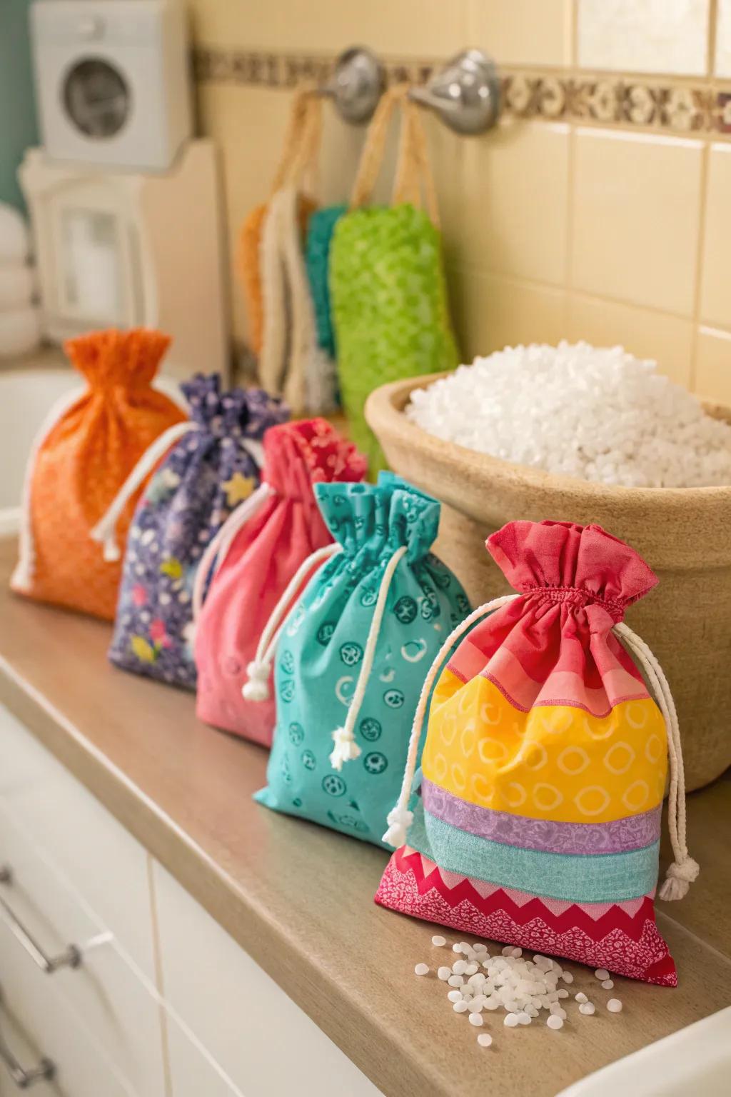 Soft and decorative magnesium flake storage in fabric pouches