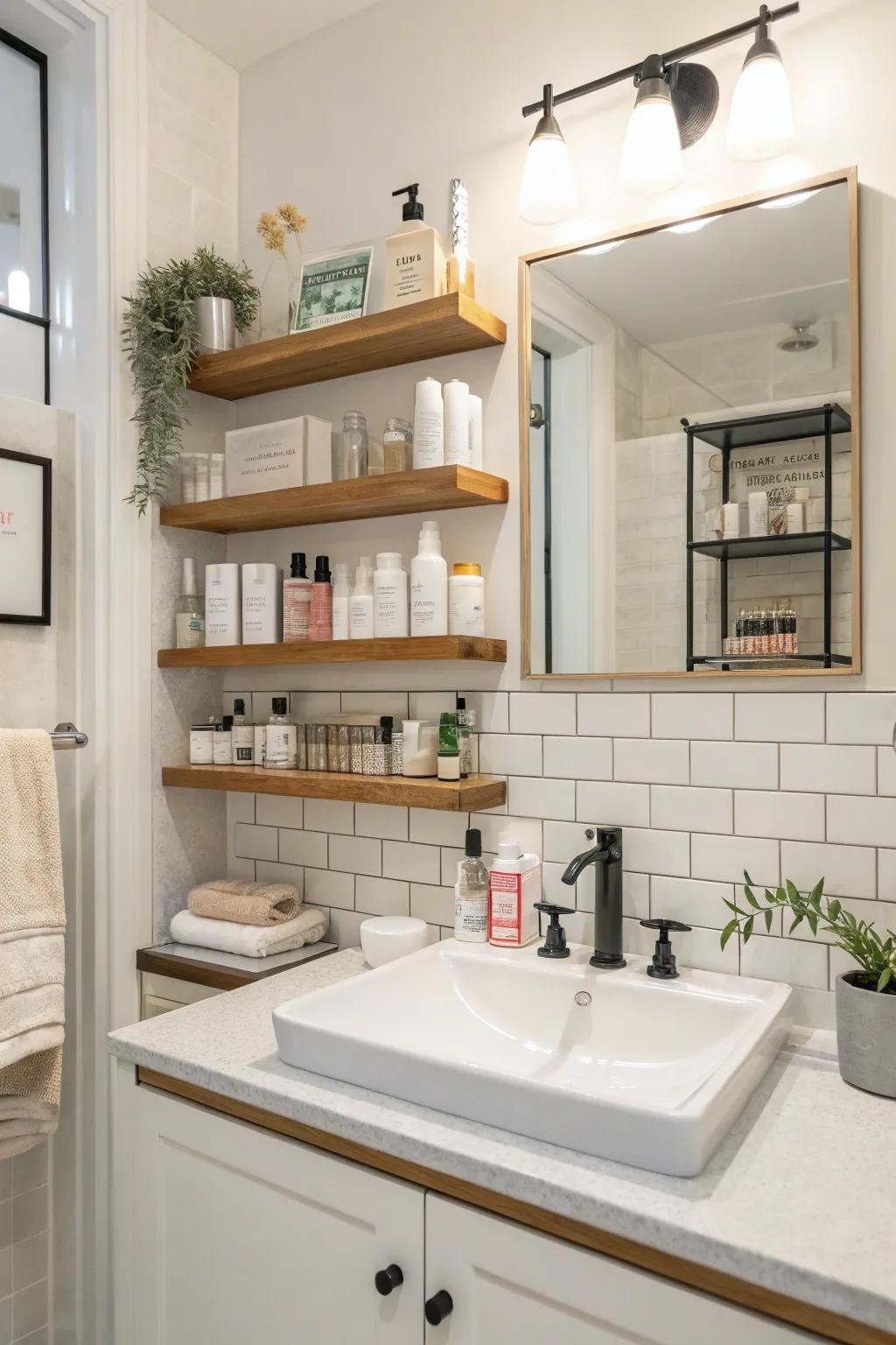 Keep your bathroom functional and stylish with recessed shelving.