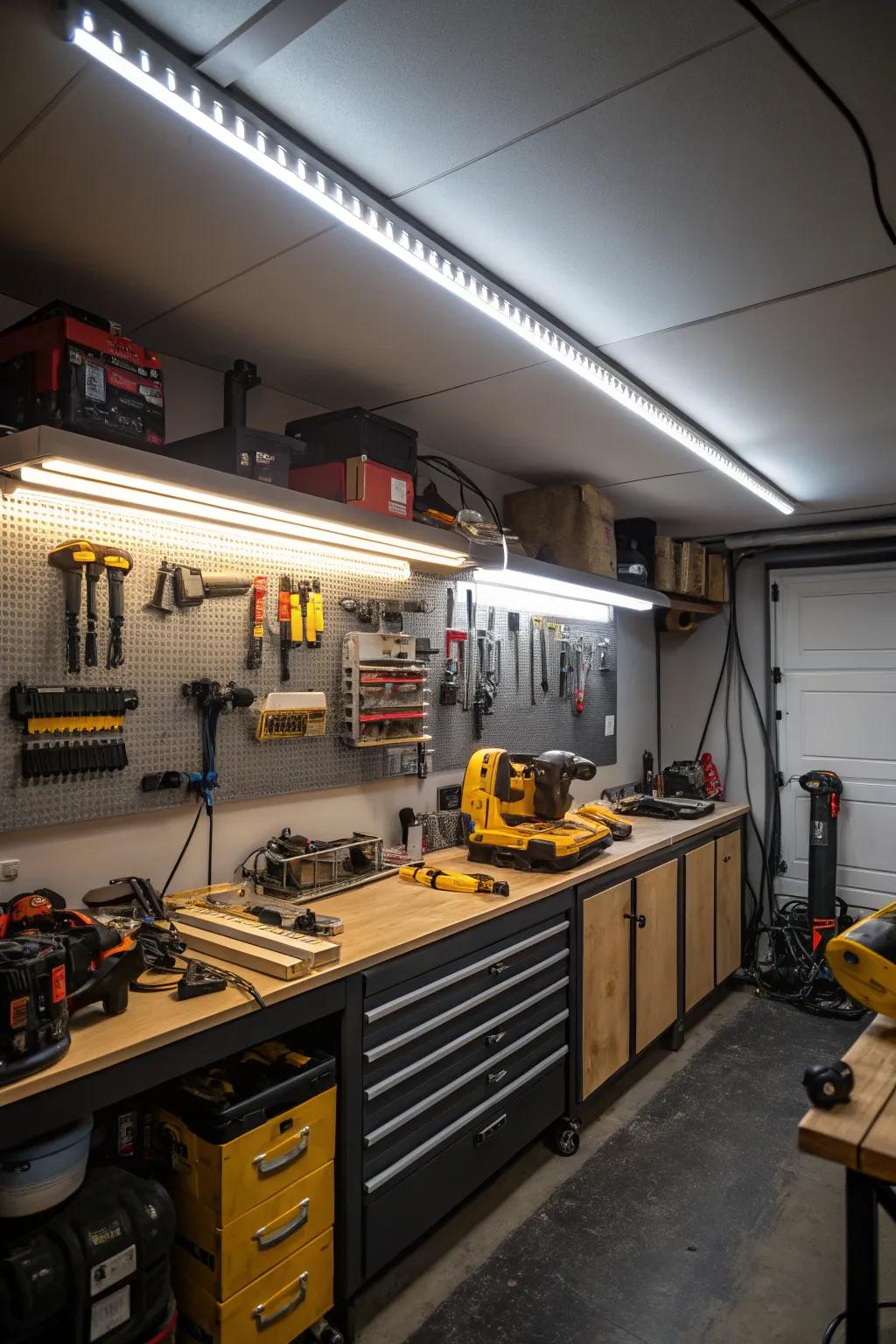 An efficient garage workshop enhanced with LED strip lighting