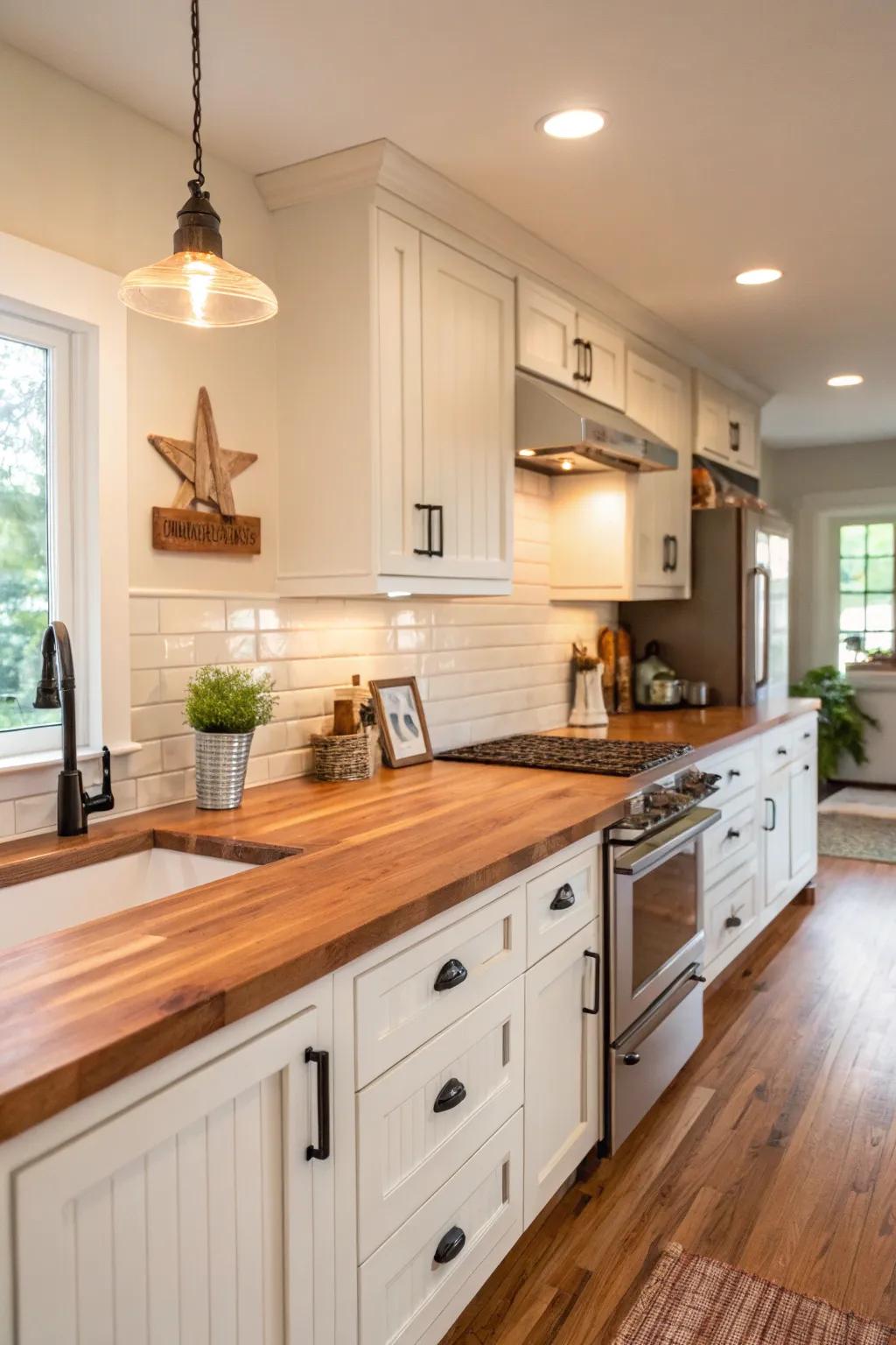 Refinishing brings new life to woodblock countertops, enhancing their natural charm.