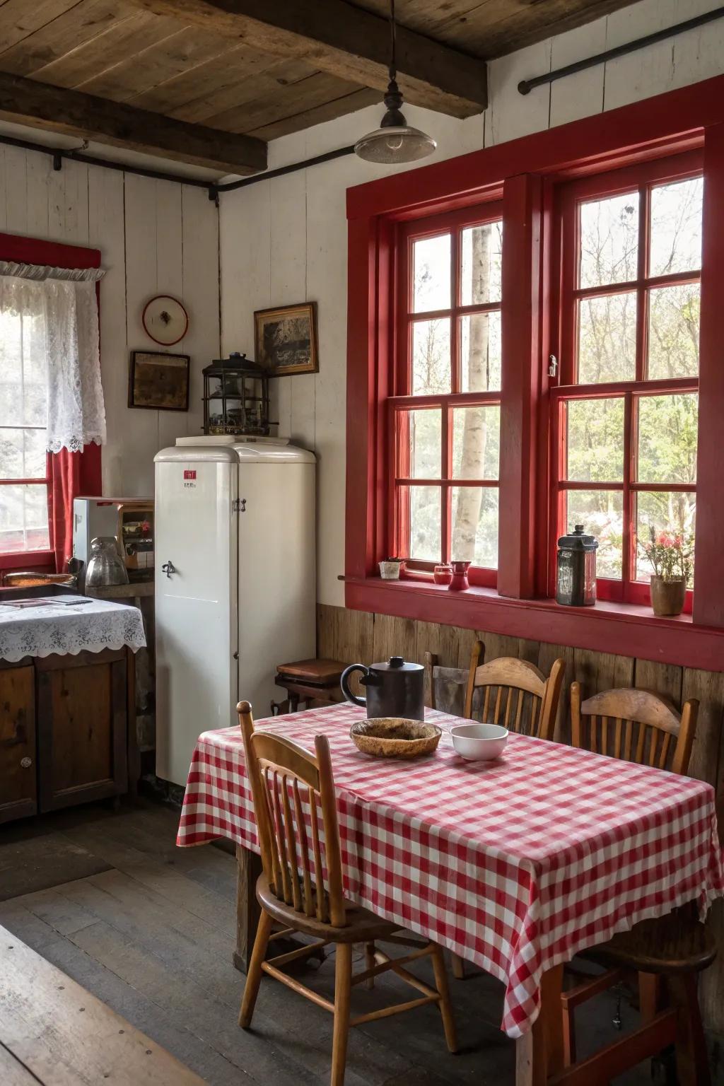 Rural red frames enhance a cozy farmhouse feel.