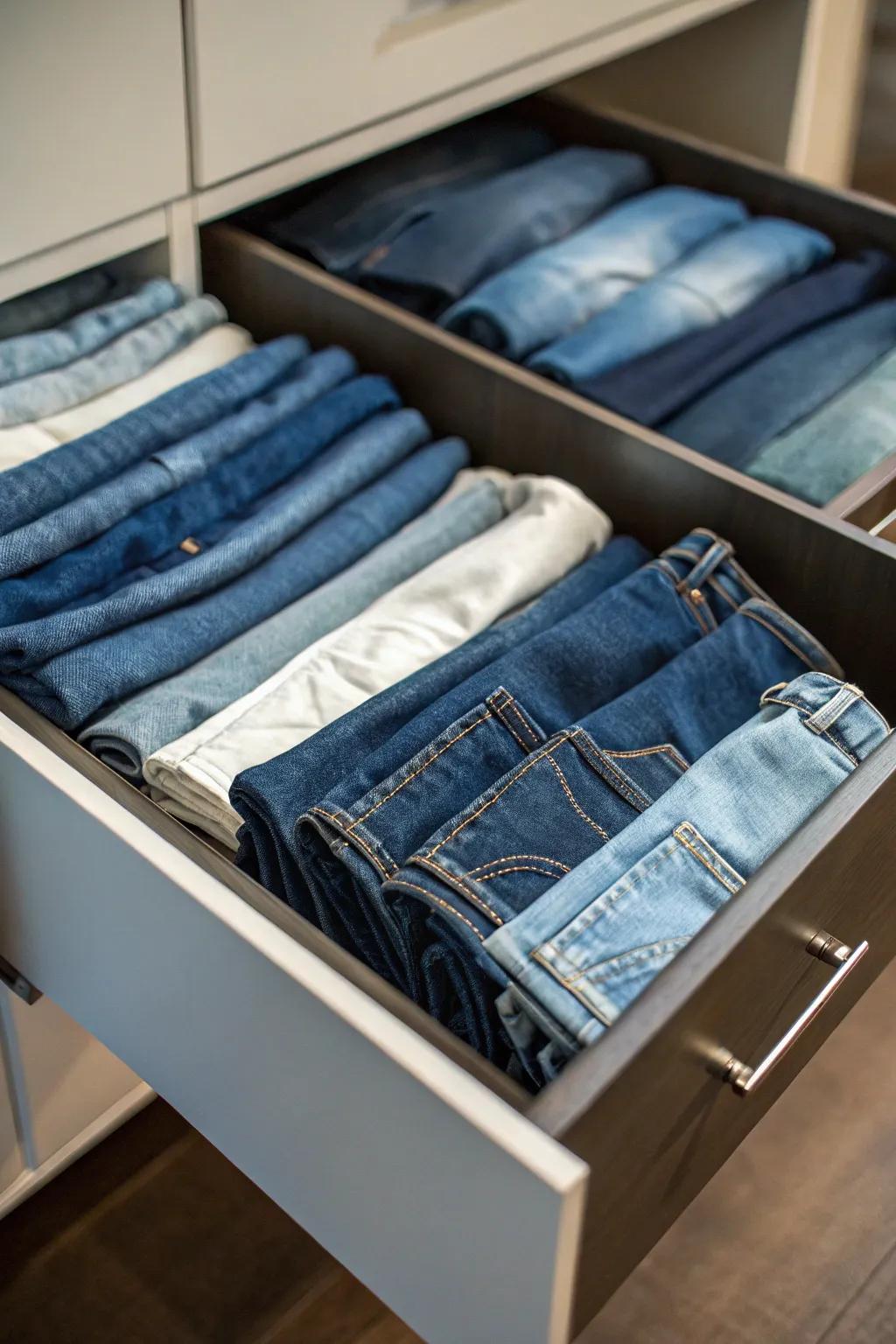 A dedicated jeans drawer for an organized denim space.