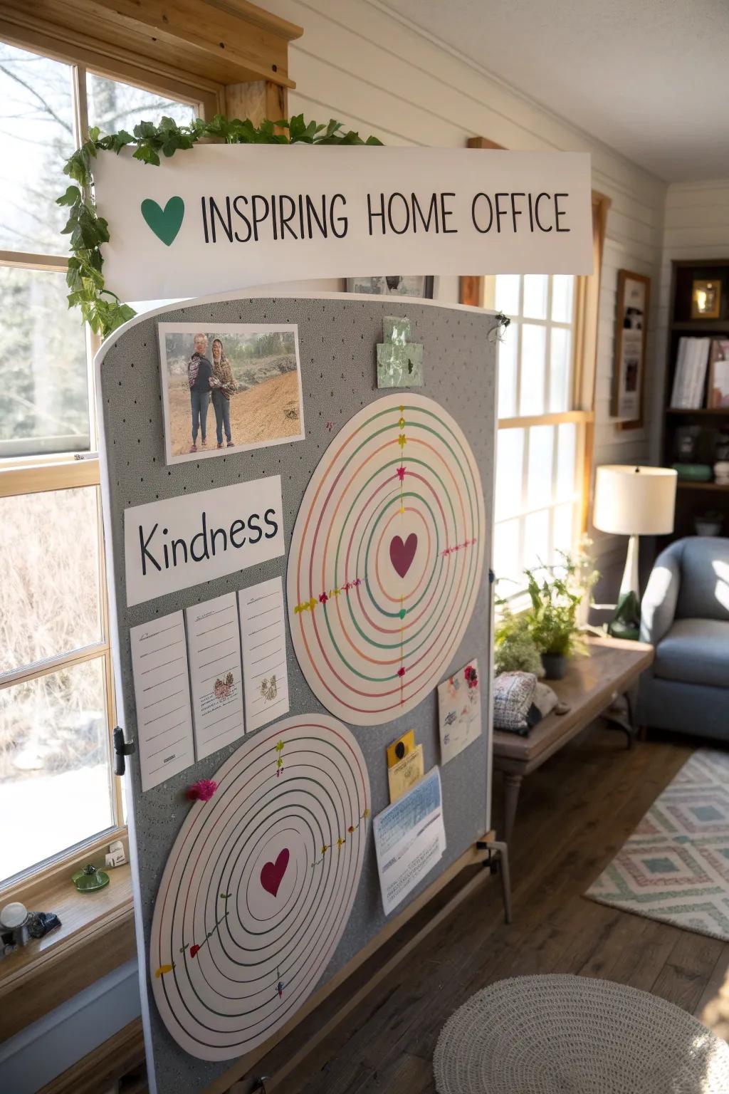 A bright home office showcases a ripple effect board, illustrating the spreading impact of kindness.