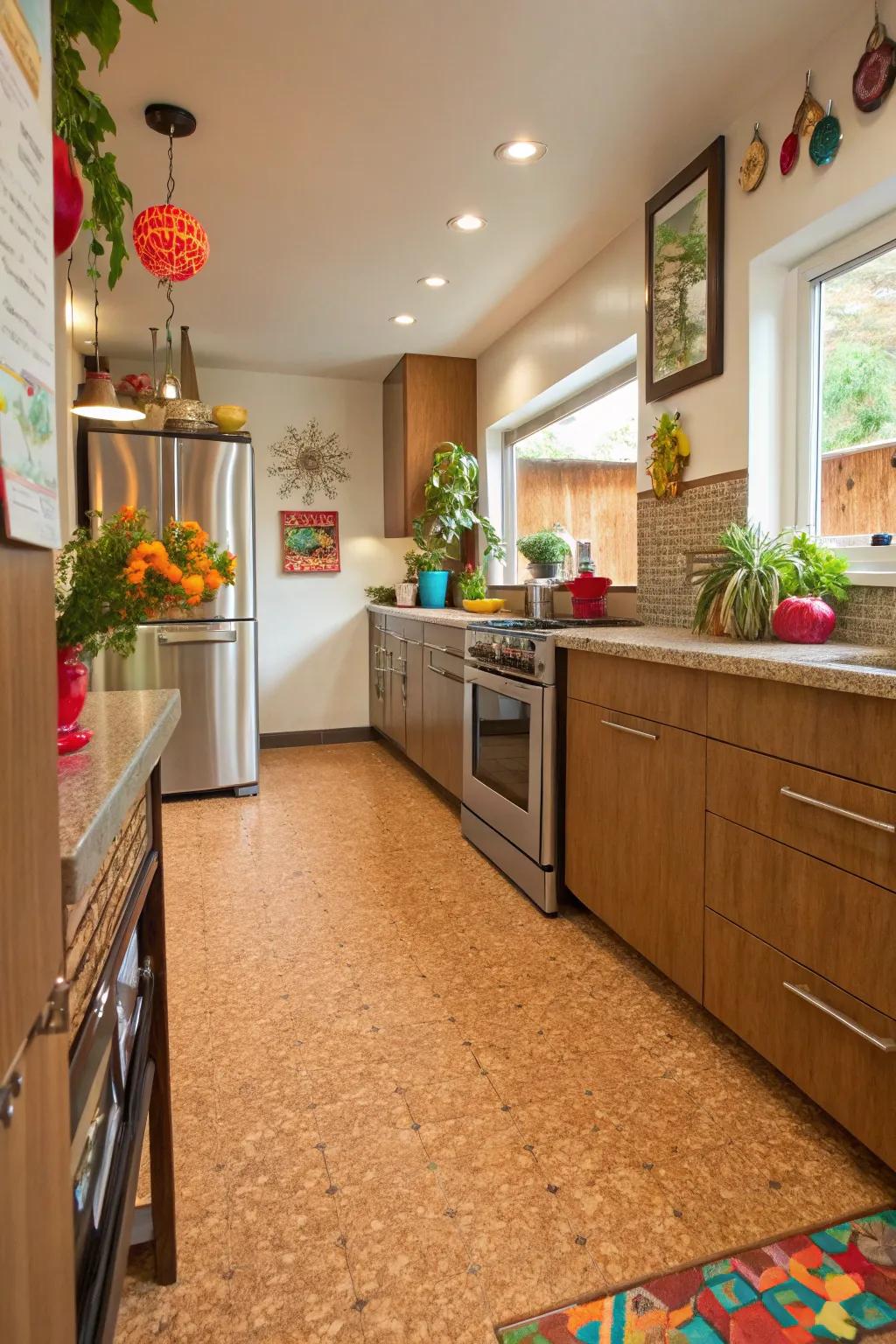 Cork flooring is an eco-friendly and comforting option.