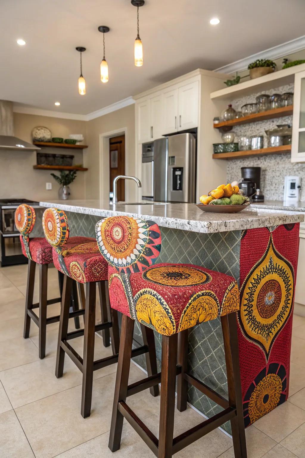 Audacious adornments impart playfulness to your kitchen island seating.
