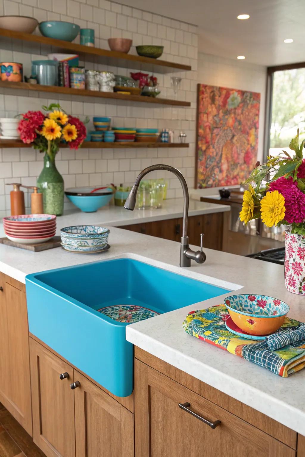 A kitchen island making a bold statement with a vibrant pop of color.