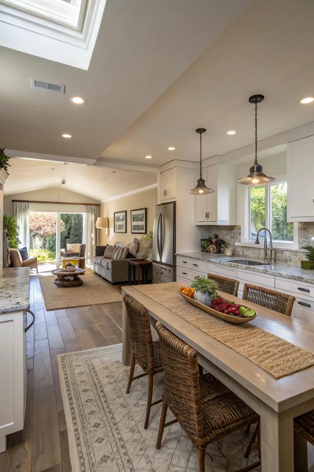 A kitchen designed as a multi-functional space for different activities.