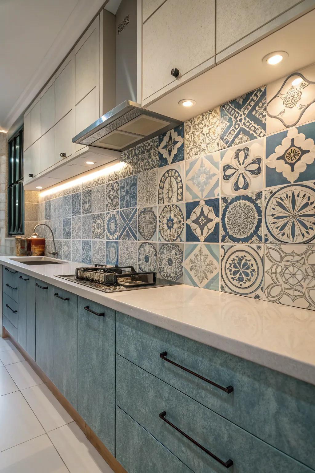 Abstract patterned tiles enhance the artistic appeal of the kitchen wall.
