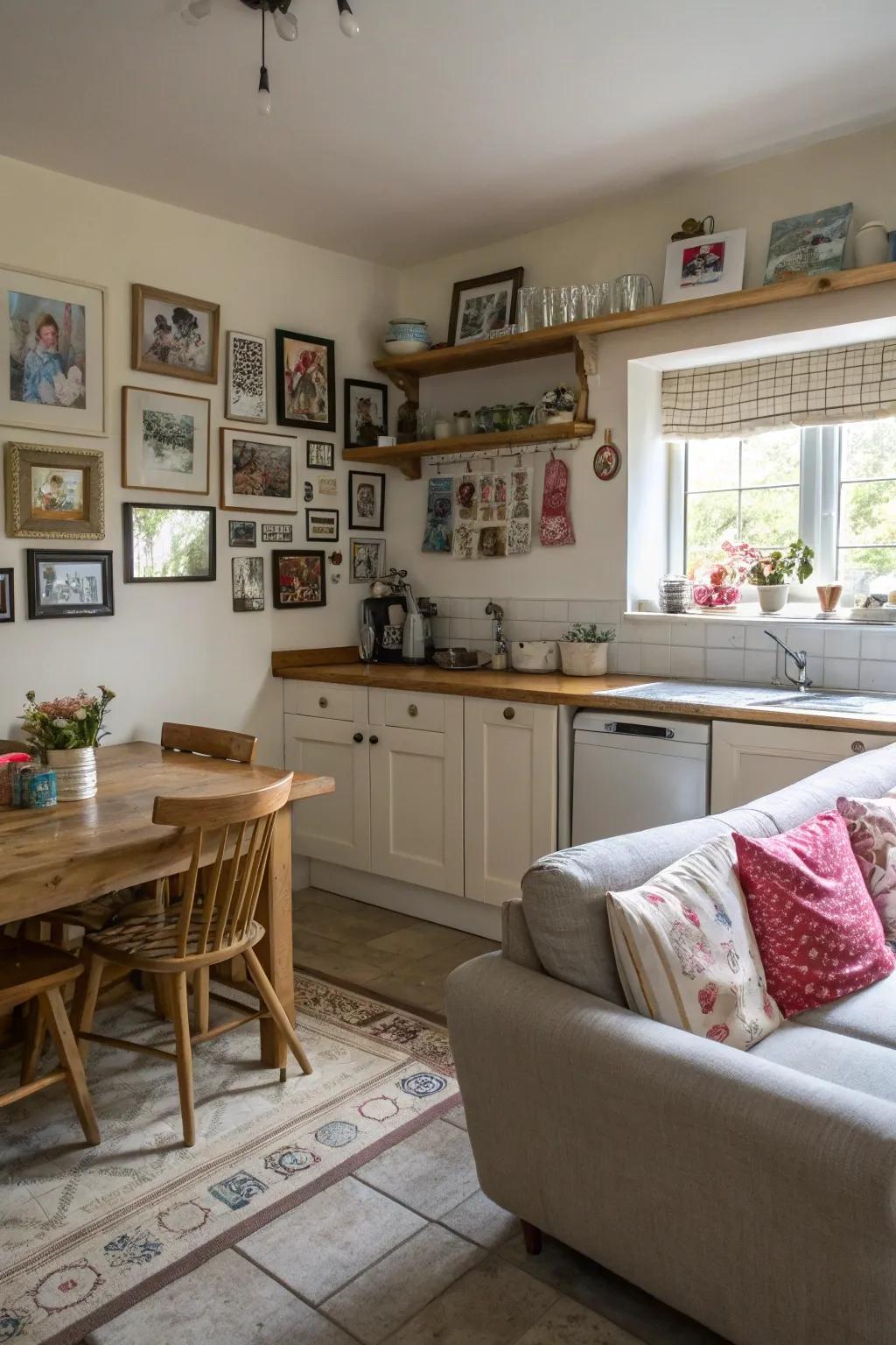 A kitchen couch area personalized by family images and artwork, building a welcoming atmosphere.