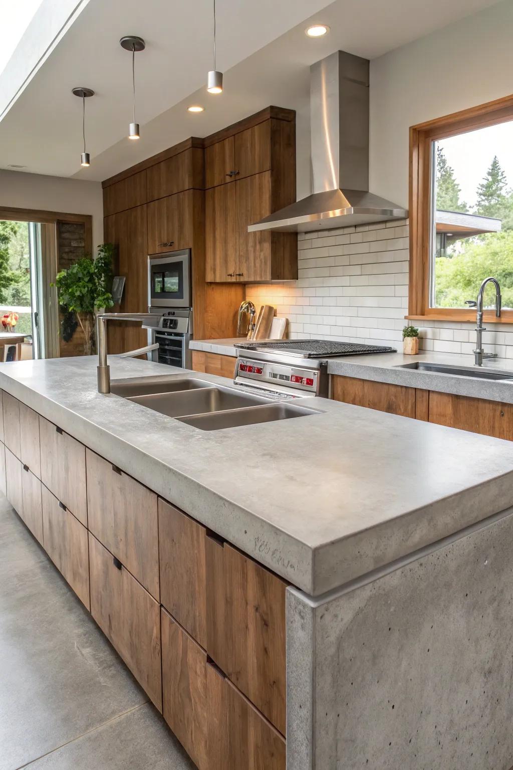A cooking area featuring multi-level cement worktops for functional delineation.