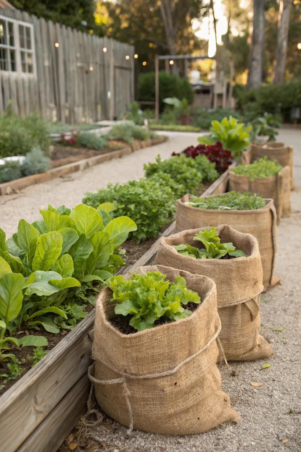 Burlap bags give a short-term and country answer for raised beds.