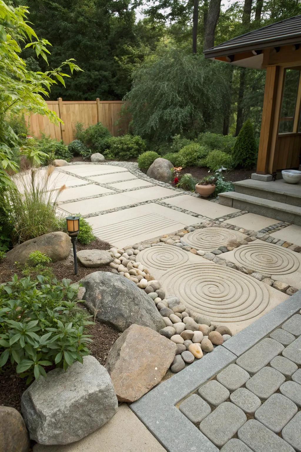 A Zen garden infuses tranquility and contemplation within this patio area.