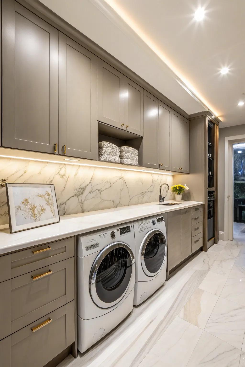 Waterfall edge countertops add drama and luxury.