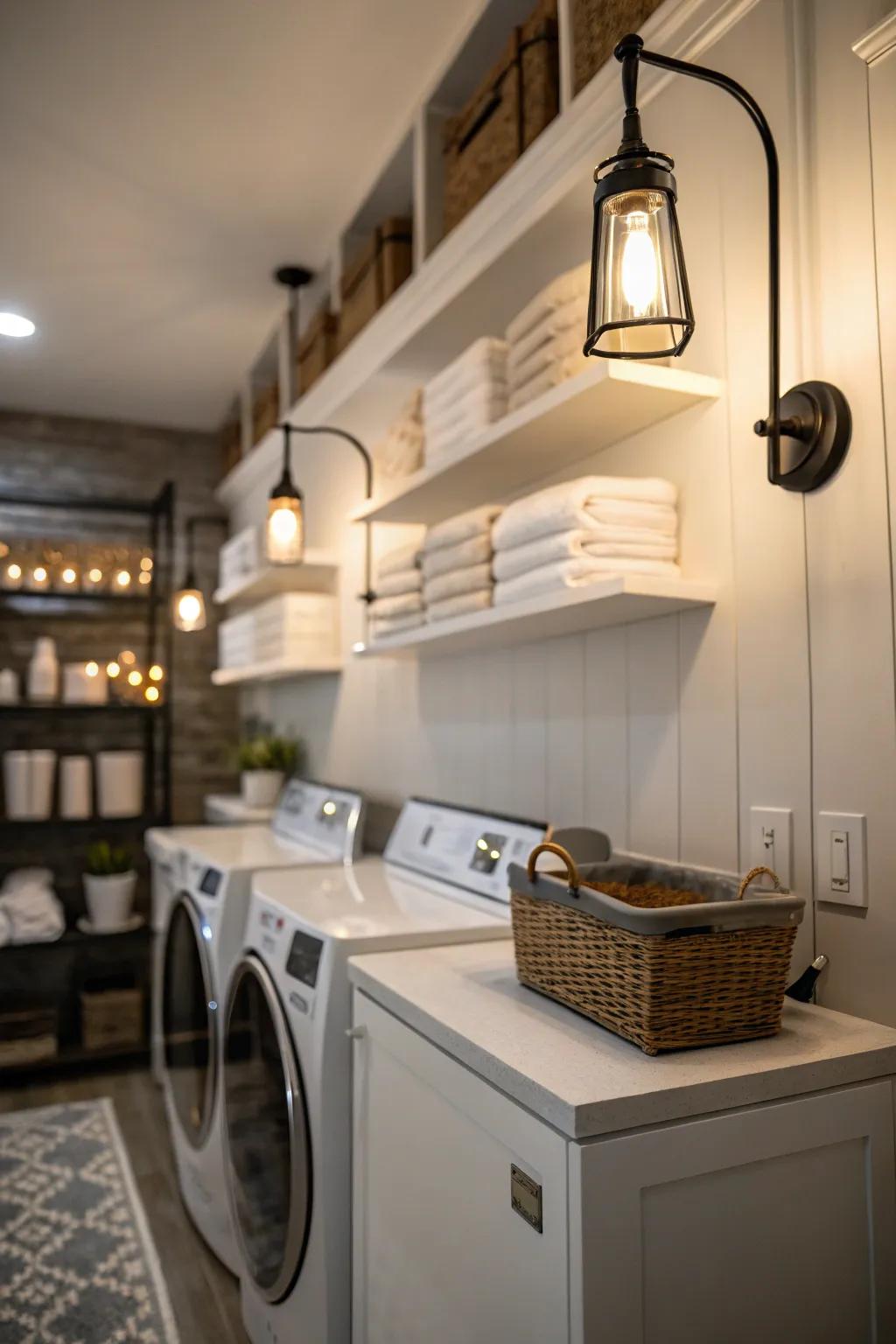 Wall-mounted accent lamps infuse drama and highlight features.