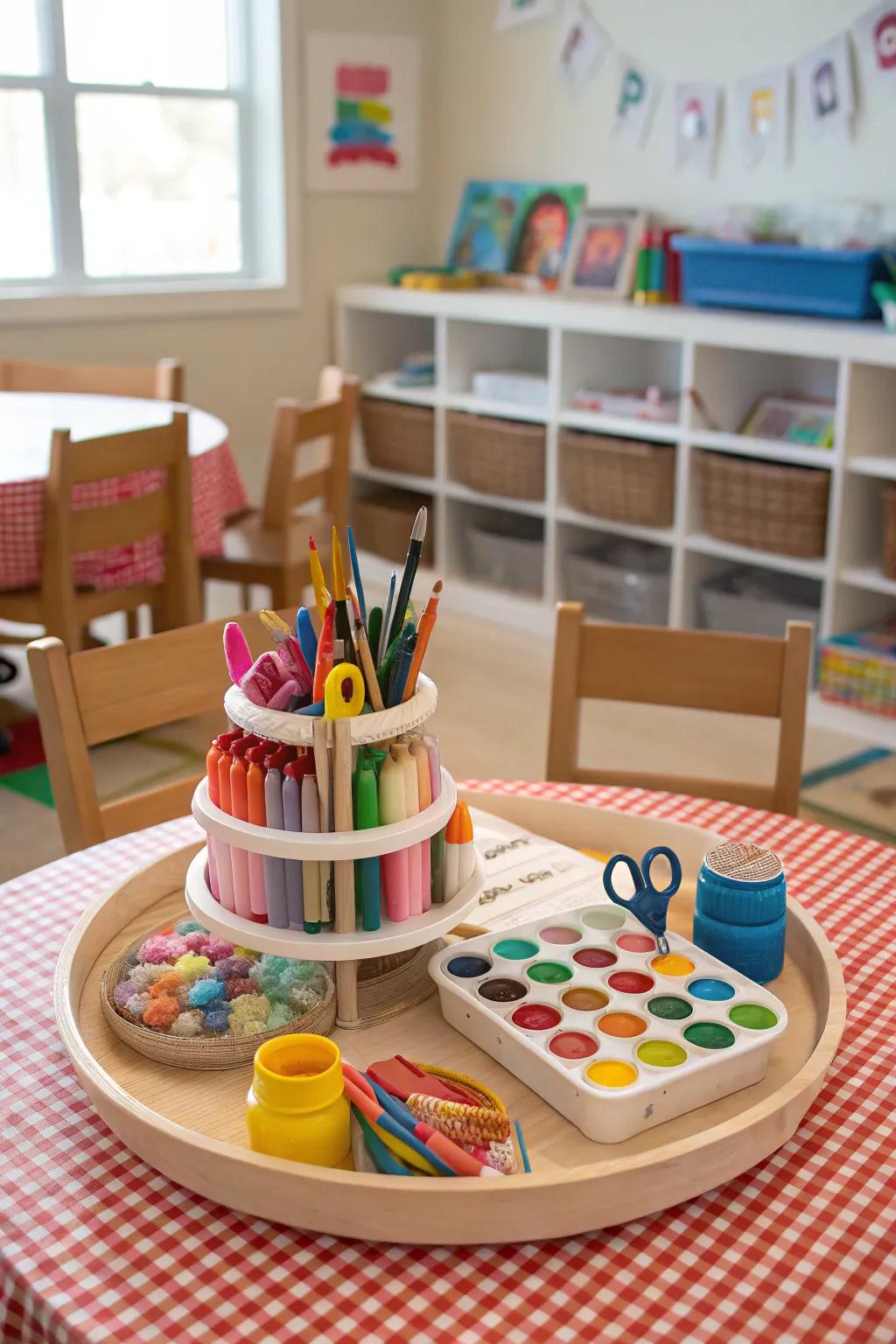 Foster creativity with a Lazy Susan for kids' craft supplies.