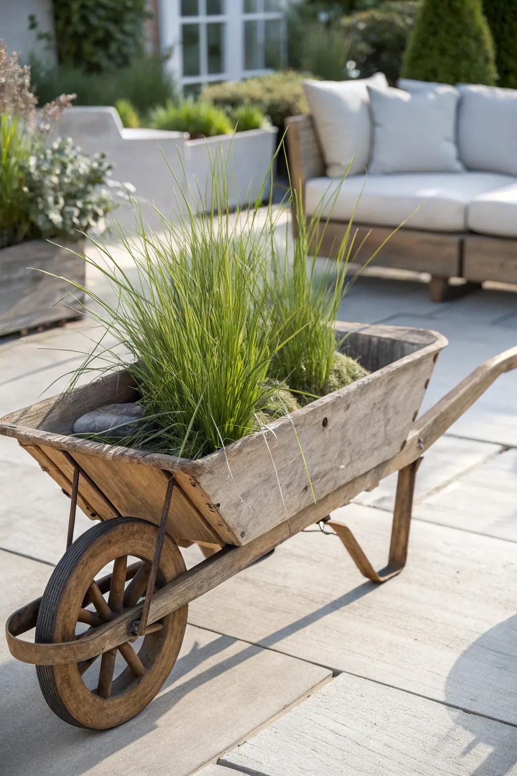 Wheelbarrow Wonder: A charming blend of rustic elegance and green innovation.