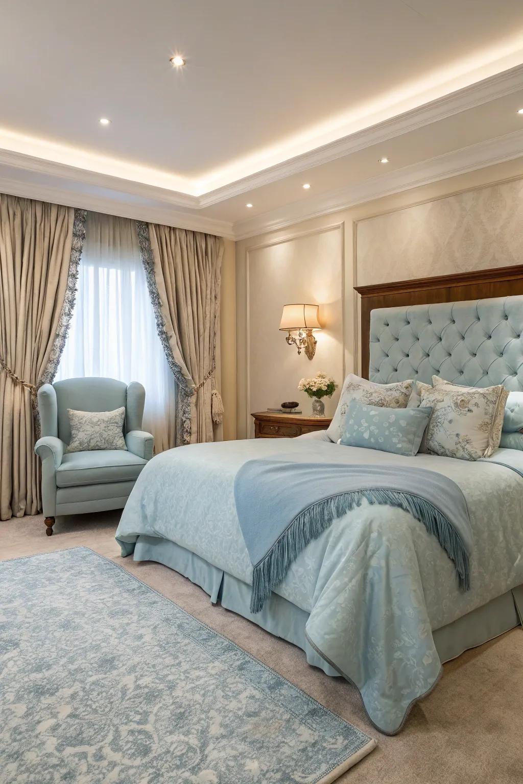 A plush sleeping quarter is bathed in luxurious textures accented with gentle sky blue tones for ultimate comfort.