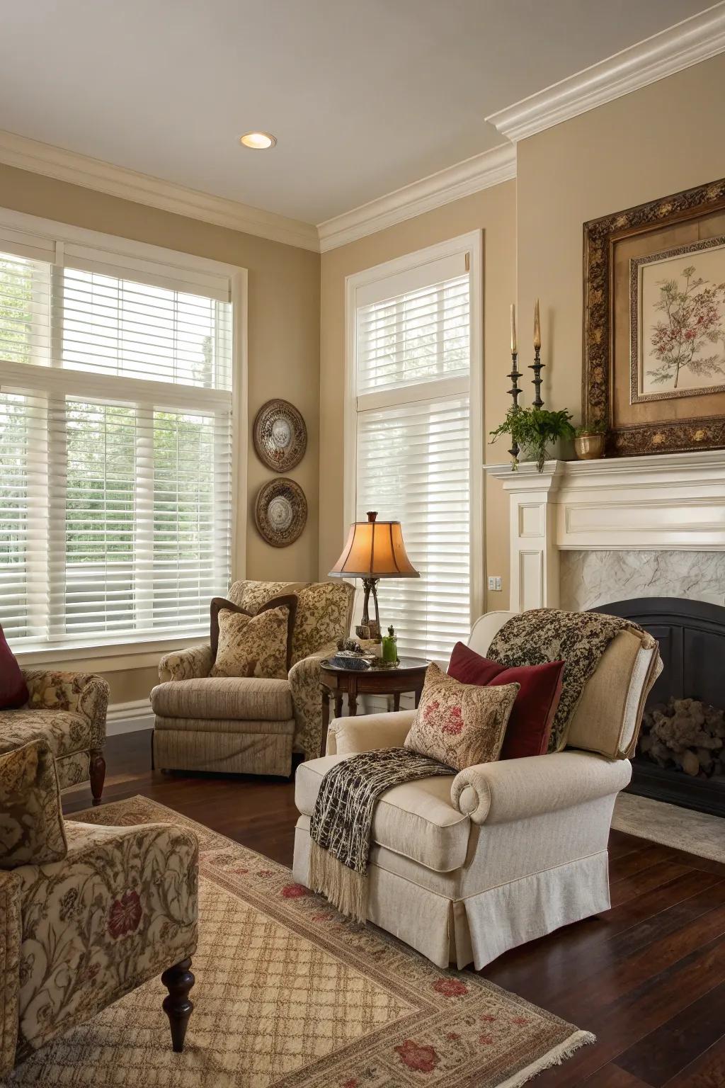 Venetian shades offer timeless appeal.