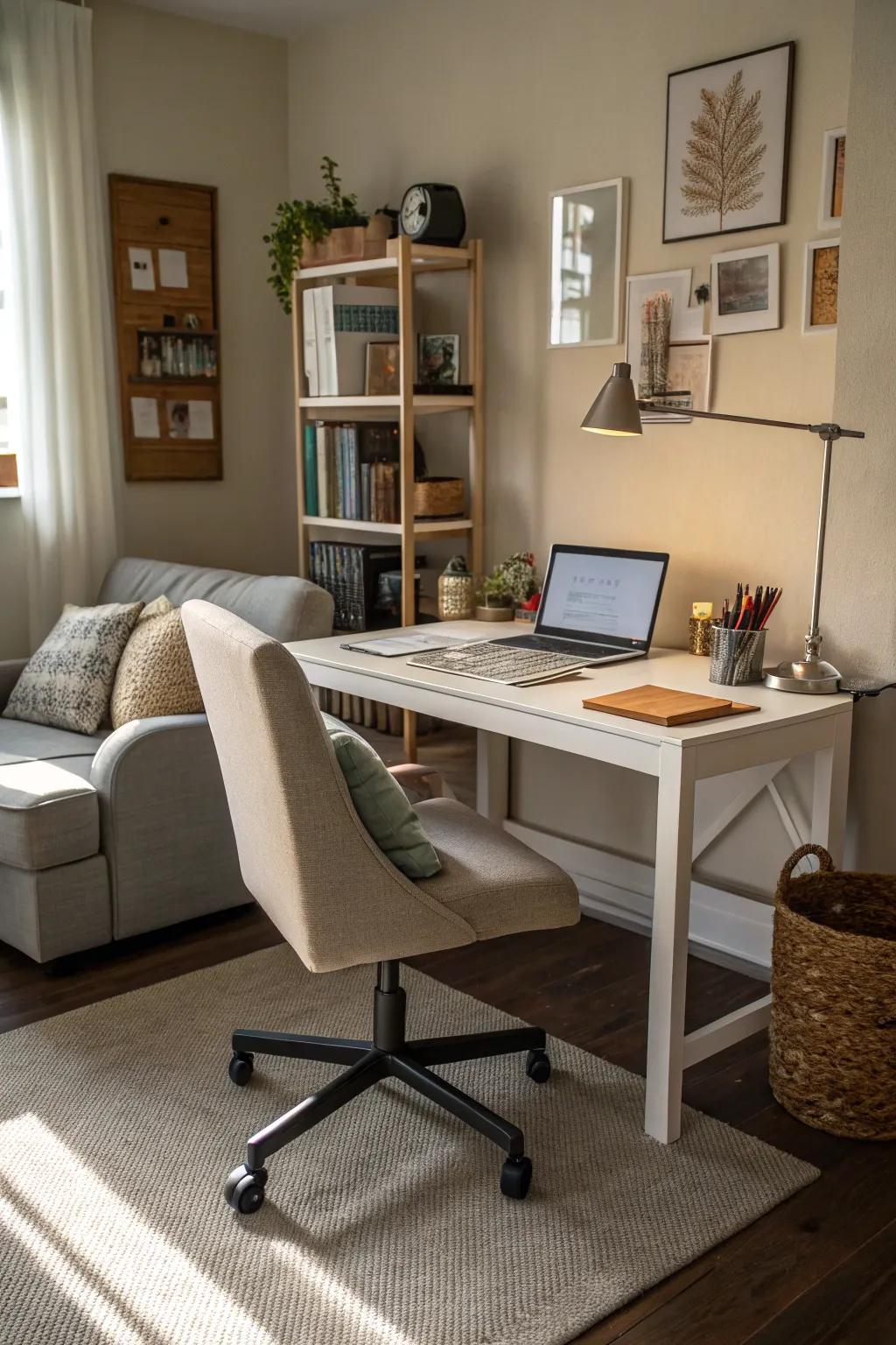 A mini home office fits perfectly into a living room corner.
