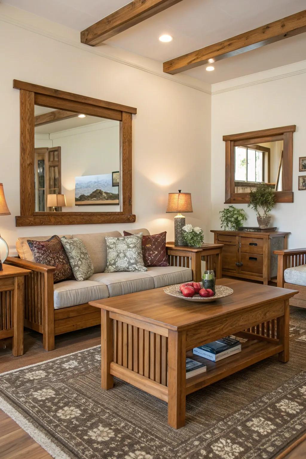 Timber-framed reflectors append timeless warmth to your decoration.