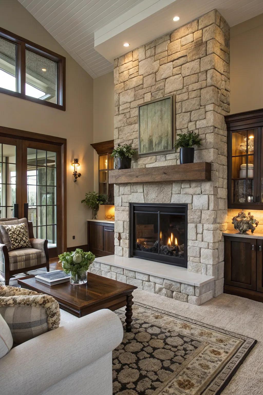 A stunning contemporary fireplace design is produced by stone and glass.