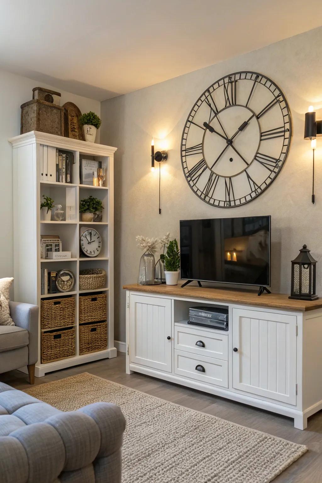 Functional decor paired with a wall clock maximizes style and utility.
