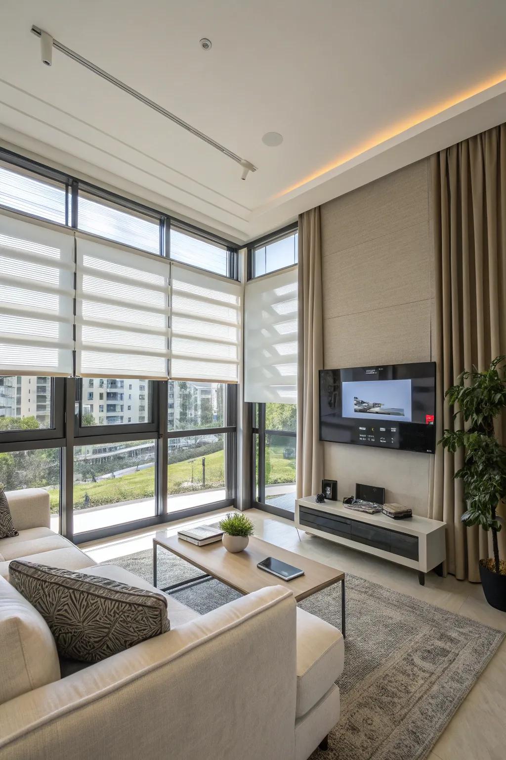 Automated blinds contribute convenience and style to a modern living room.